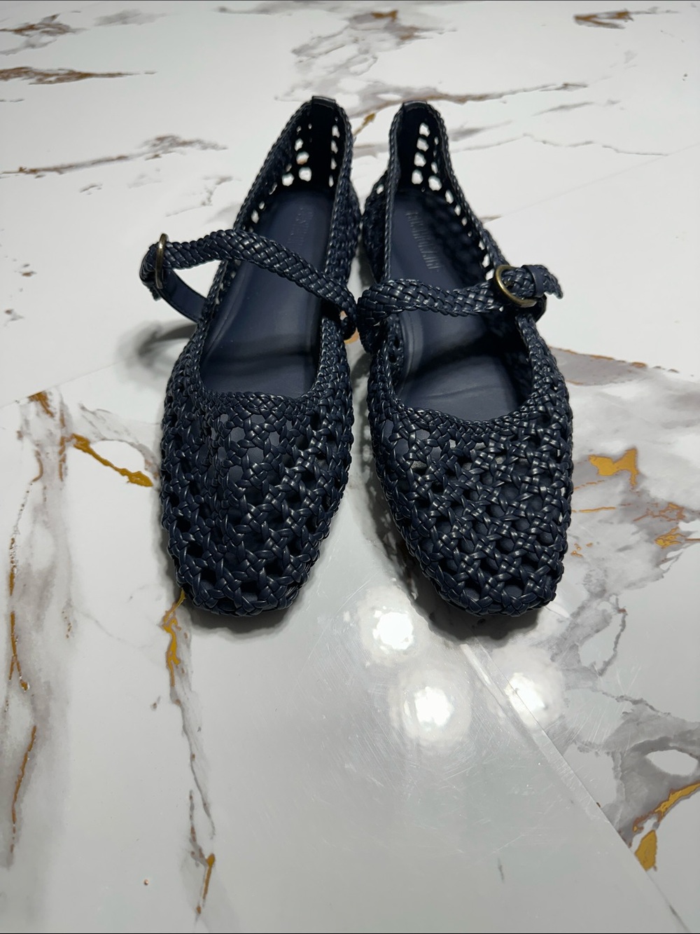Woven Mary Jane Flats in Navy with Buckle Strap - Picture 2 of 9